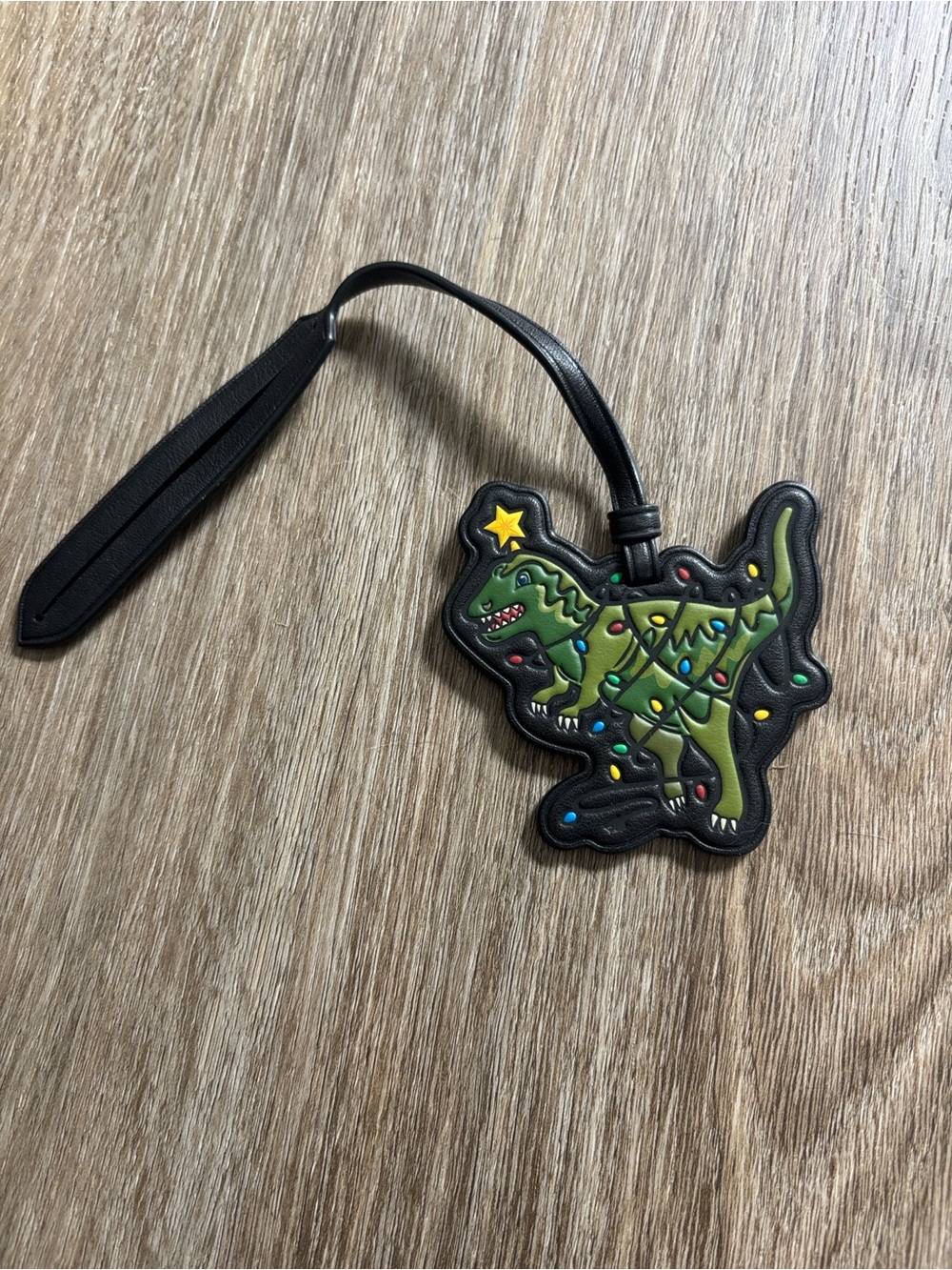 Green Dinosaur Luggage Tag with Holiday Lights